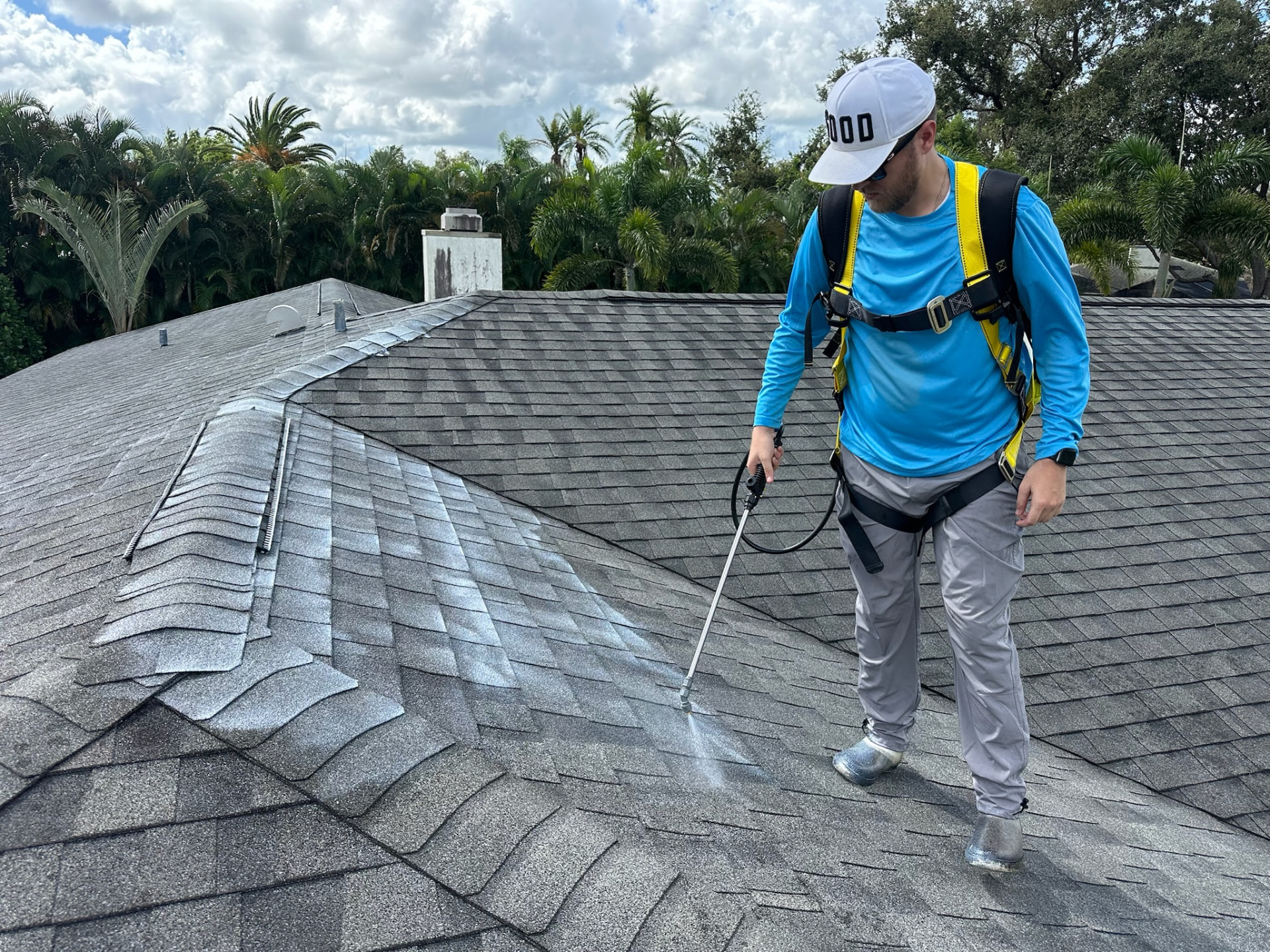 Applicator spraying RevivaRoof across a shingle roof in Sarasota, Florida