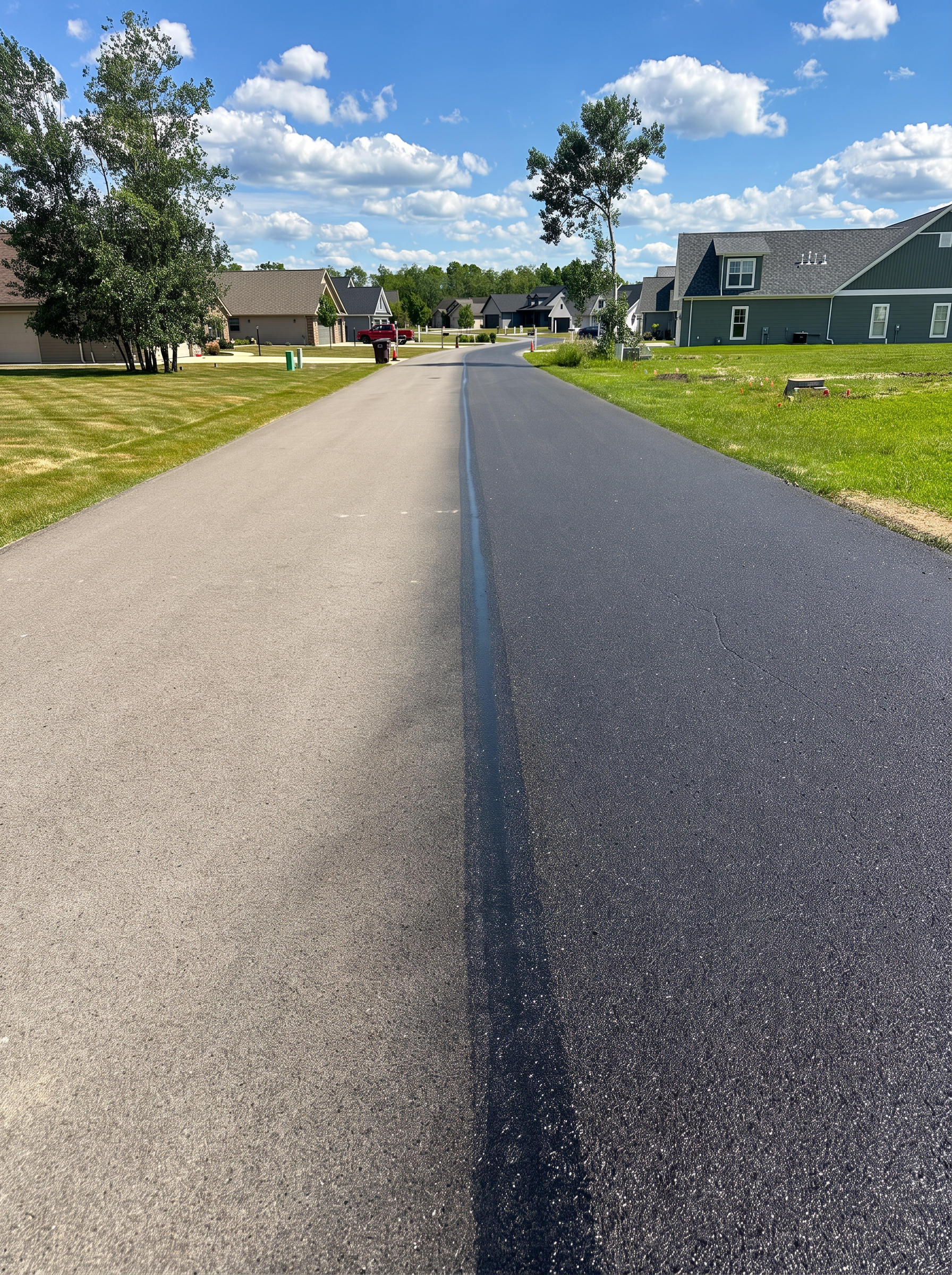 Residential roadway in Grove City showing the difference between RevivaRoad-treated and untreated pavement